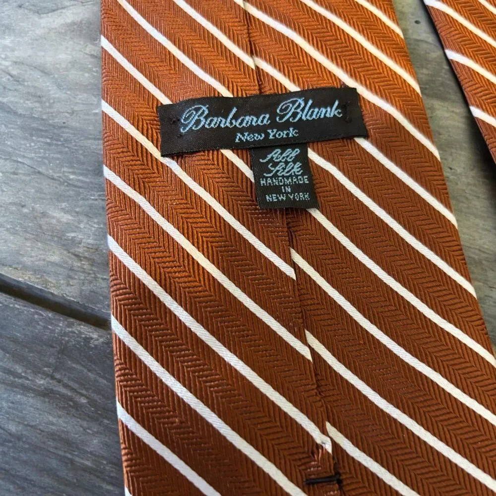 Barbara Blank New York Handmade 100% Silk Tie Copper Rust White‎ Repp Stripe Vtg